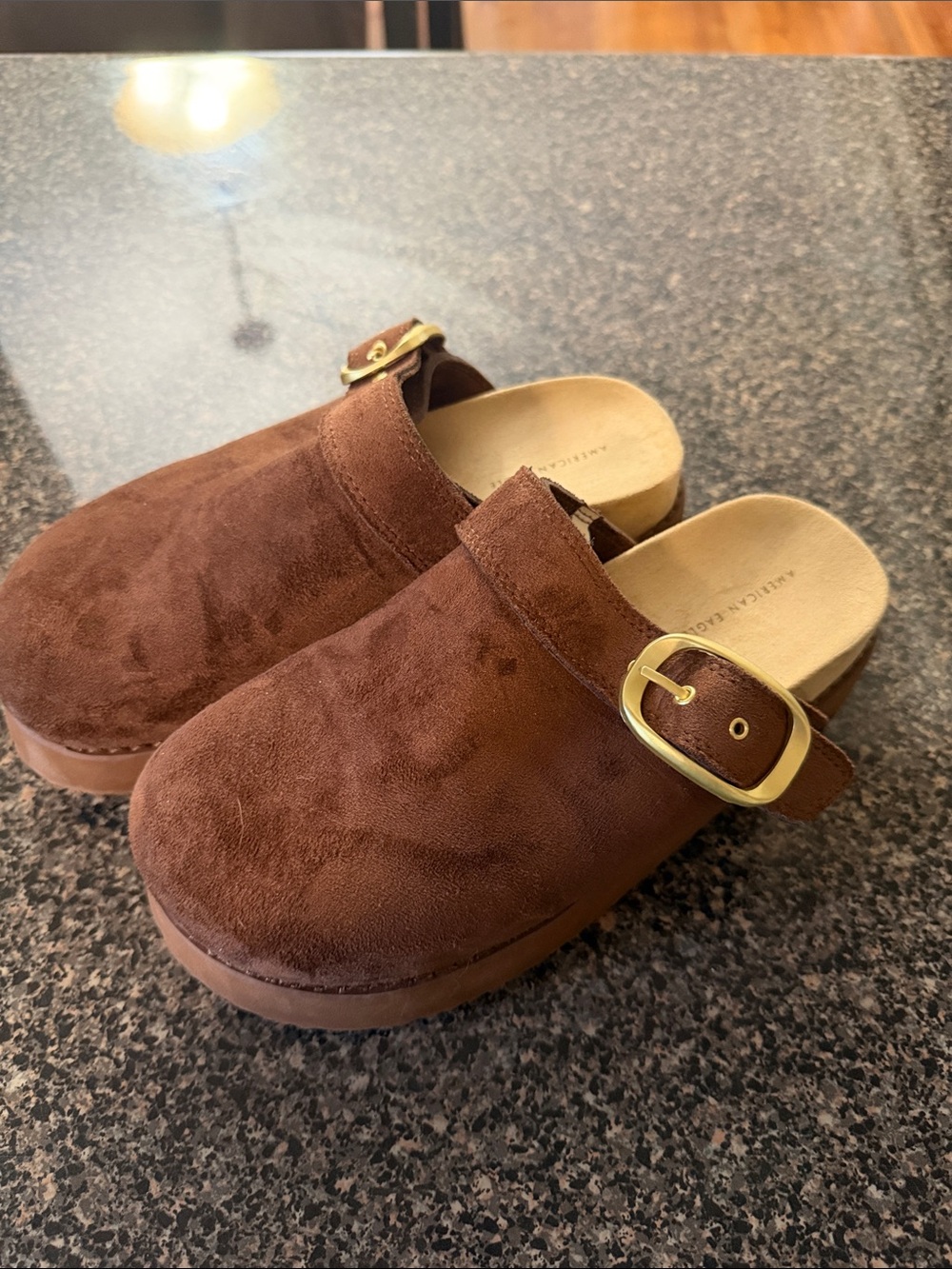 American Eagle Suede Clog Mules with Gold Buckle